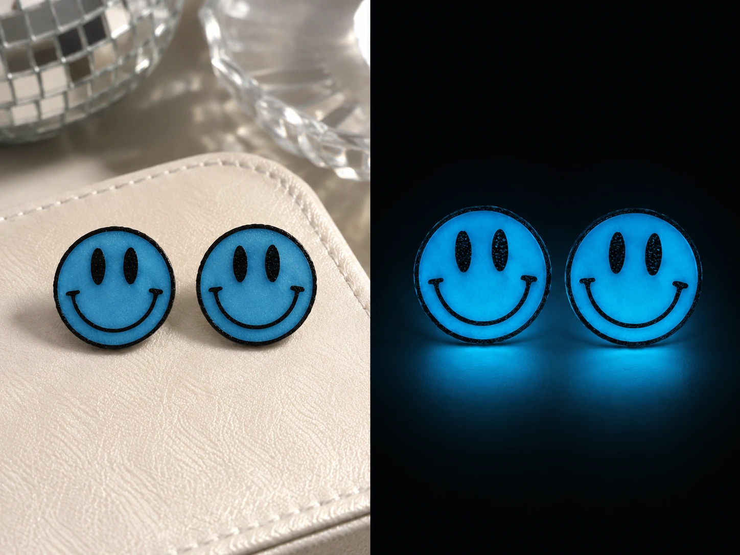 Pendientes Happy Pop con glow azul intenso